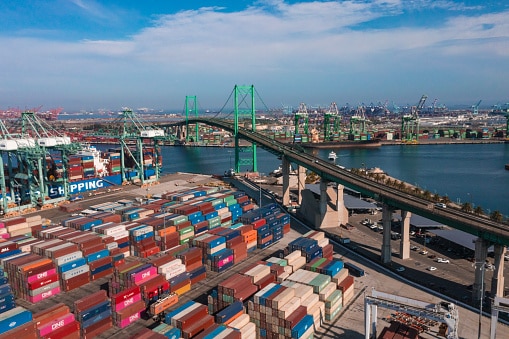 port-of-san-pedro-in-los-angeles-ca-with-san-vicente-bridge-in-the-picture-id1351436389