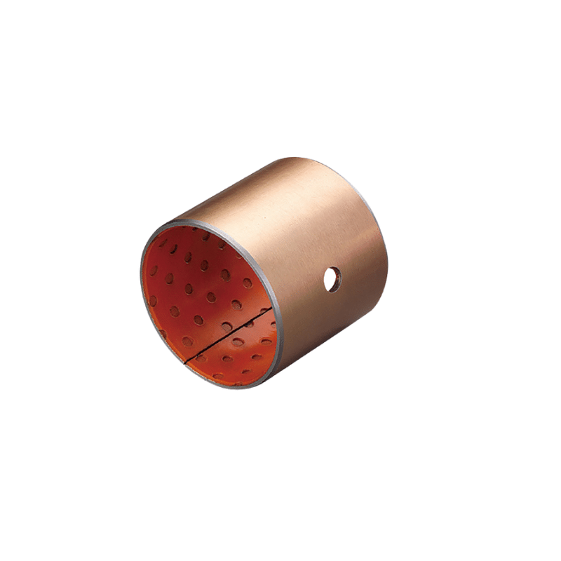 Steel-backed POM composite bushings and bearings orange Orange steel-backed POM composite bushings and bearings.